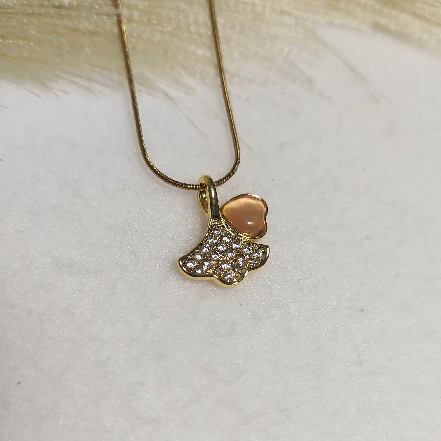 Peach stone leaf pendant necklace