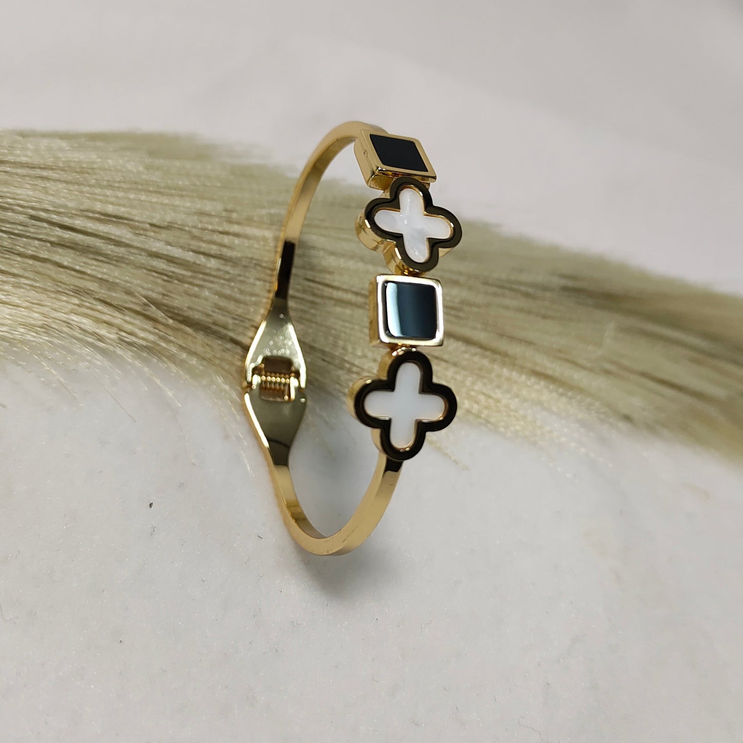 Gold plated square-clover kada bracelet