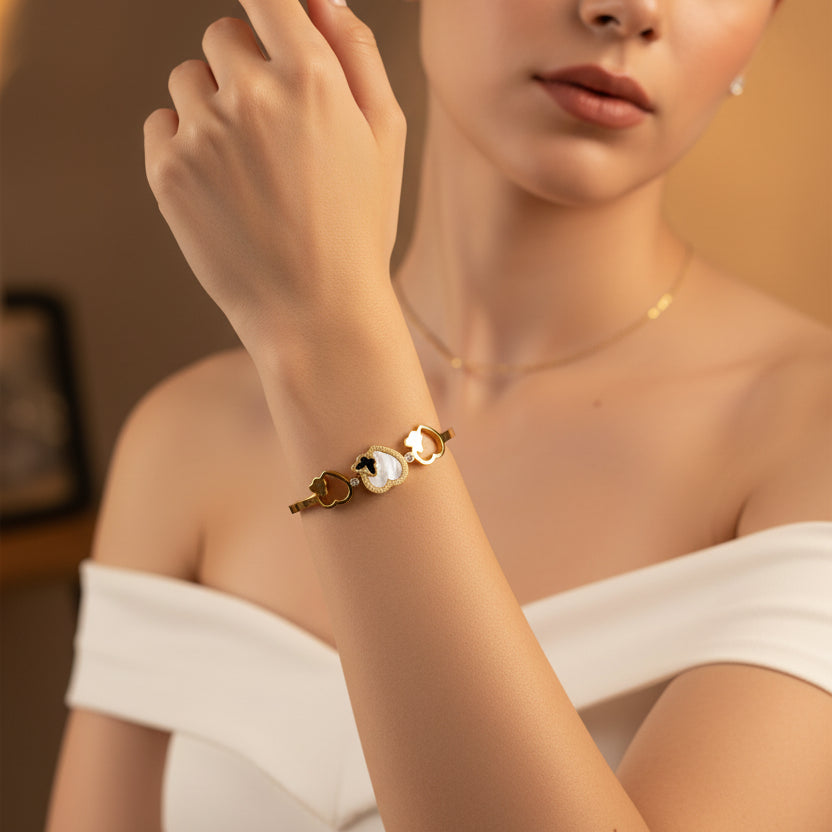 Gold plated heart-butterfly kada bracelet