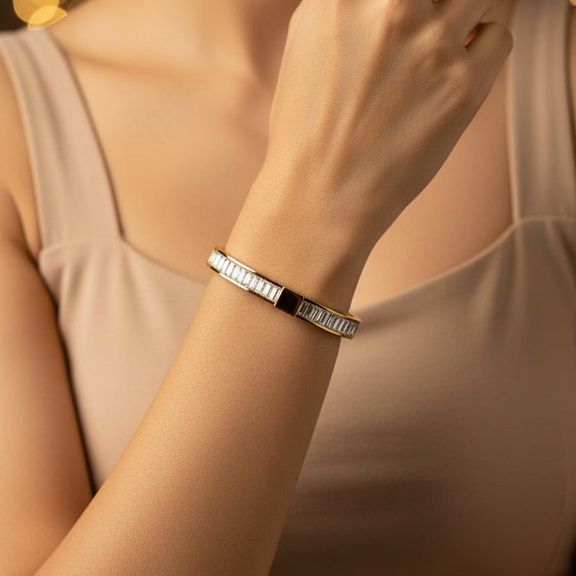 Gold plated baguette stone kada bracelet