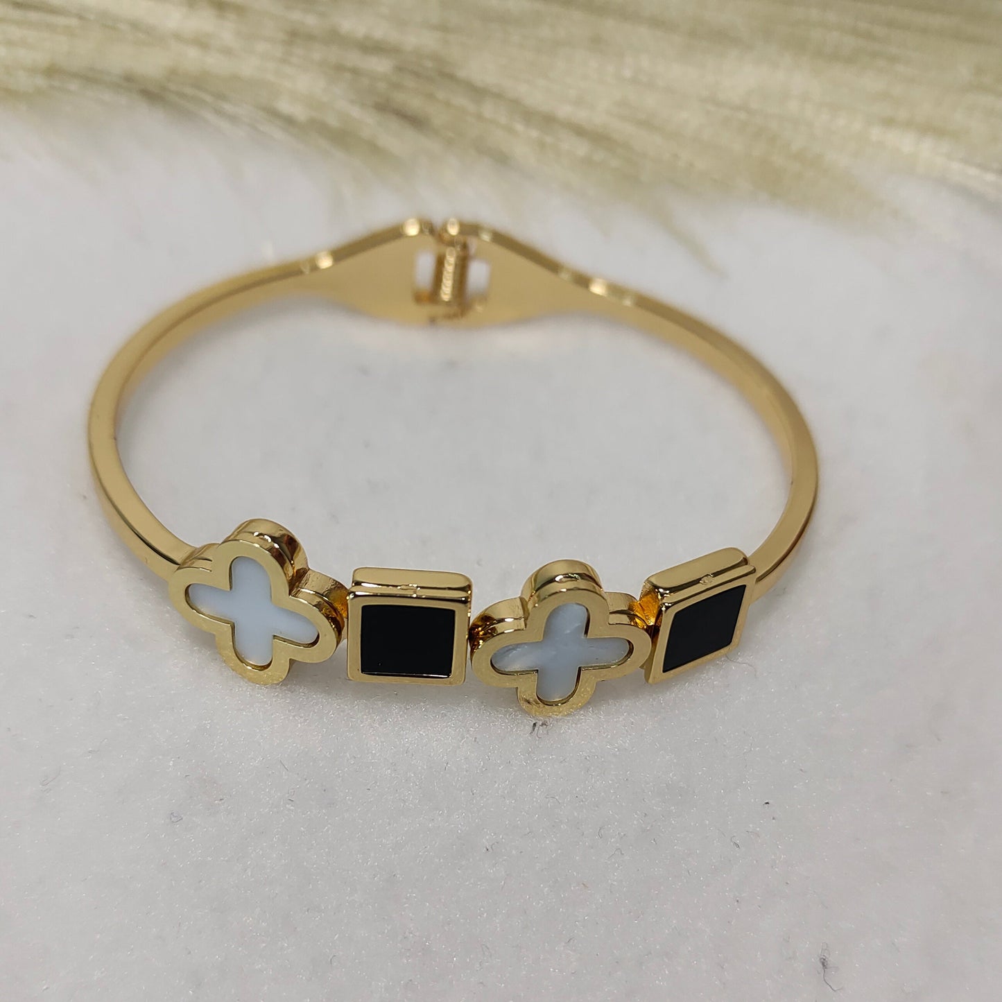 Gold plated square-clover kada bracelet