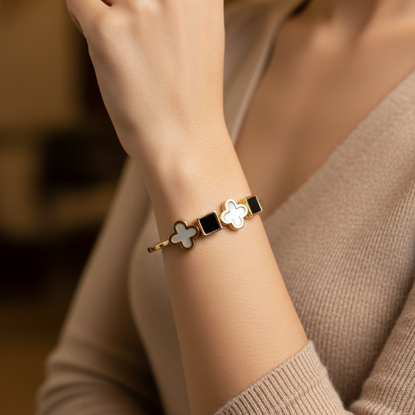 Gold plated square-clover kada bracelet