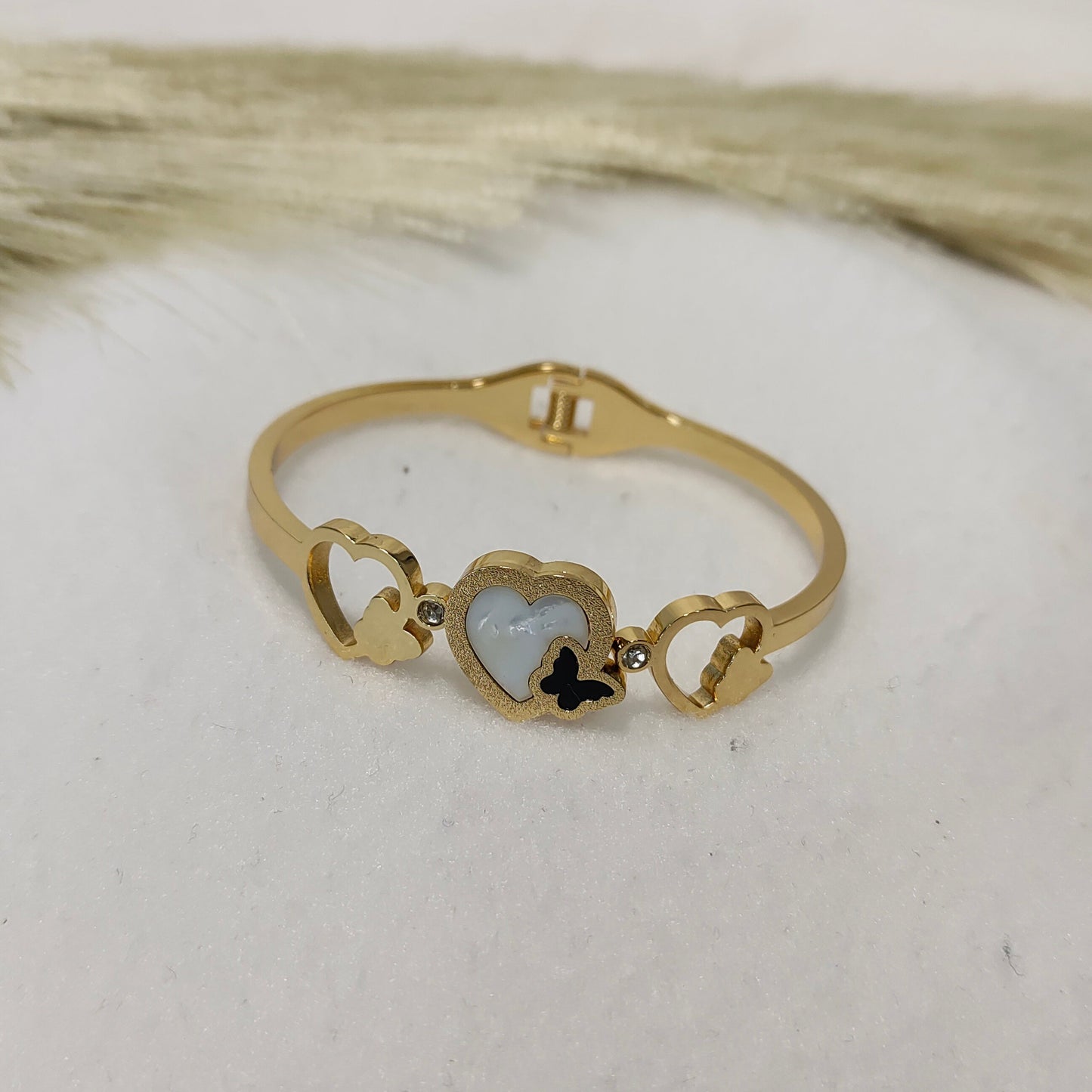 Gold plated heart-butterfly kada bracelet