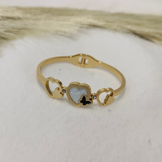 Gold plated heart-butterfly kada bracelet