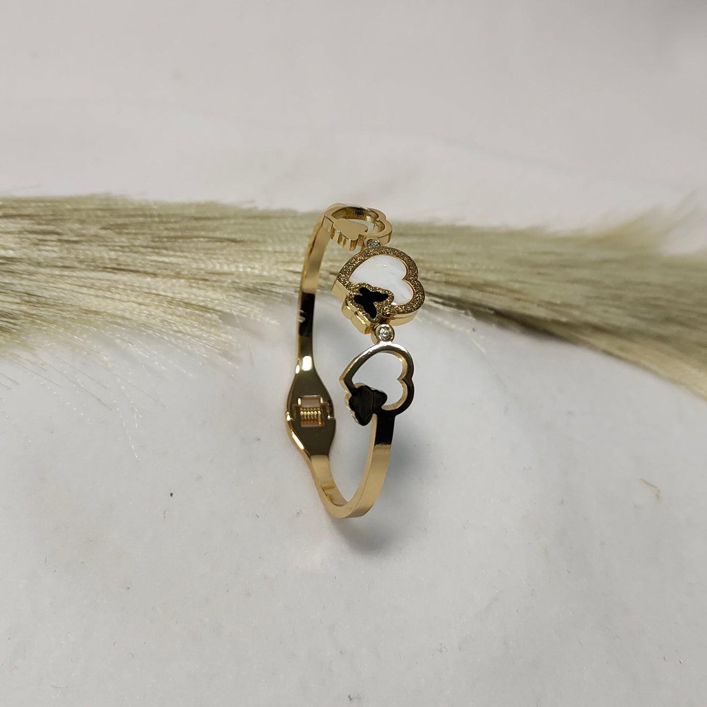 Gold plated heart-butterfly kada bracelet